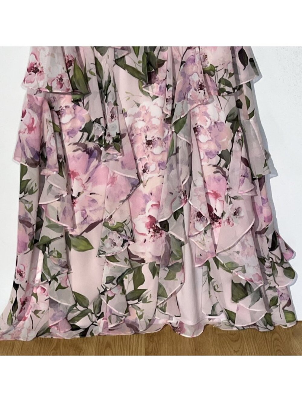 New Xscape Floral Pink Chiffon Halter Ruffled Prom Party Gown Maxi Dress - Picture 10 of 12